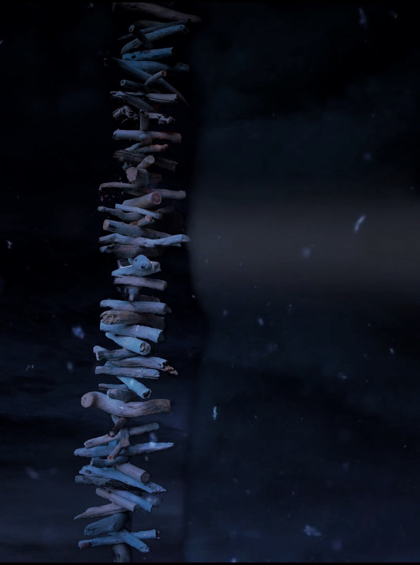 A garland of driftwood hangs vertically with a night sky background.