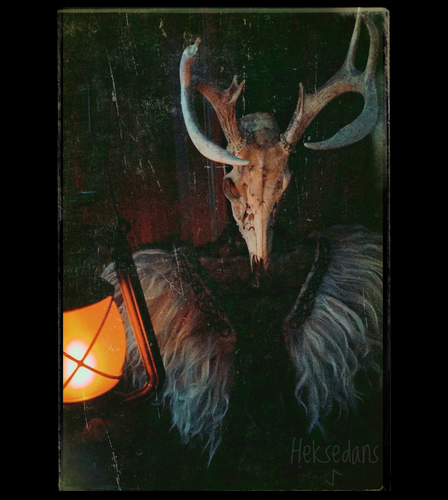 A Viking witch with her eyes closed with her face raised toward the sky is wearing a black wool fleece collar kneels behind a large rock resting in a creek. On the rock rests candles and a stag skull. 